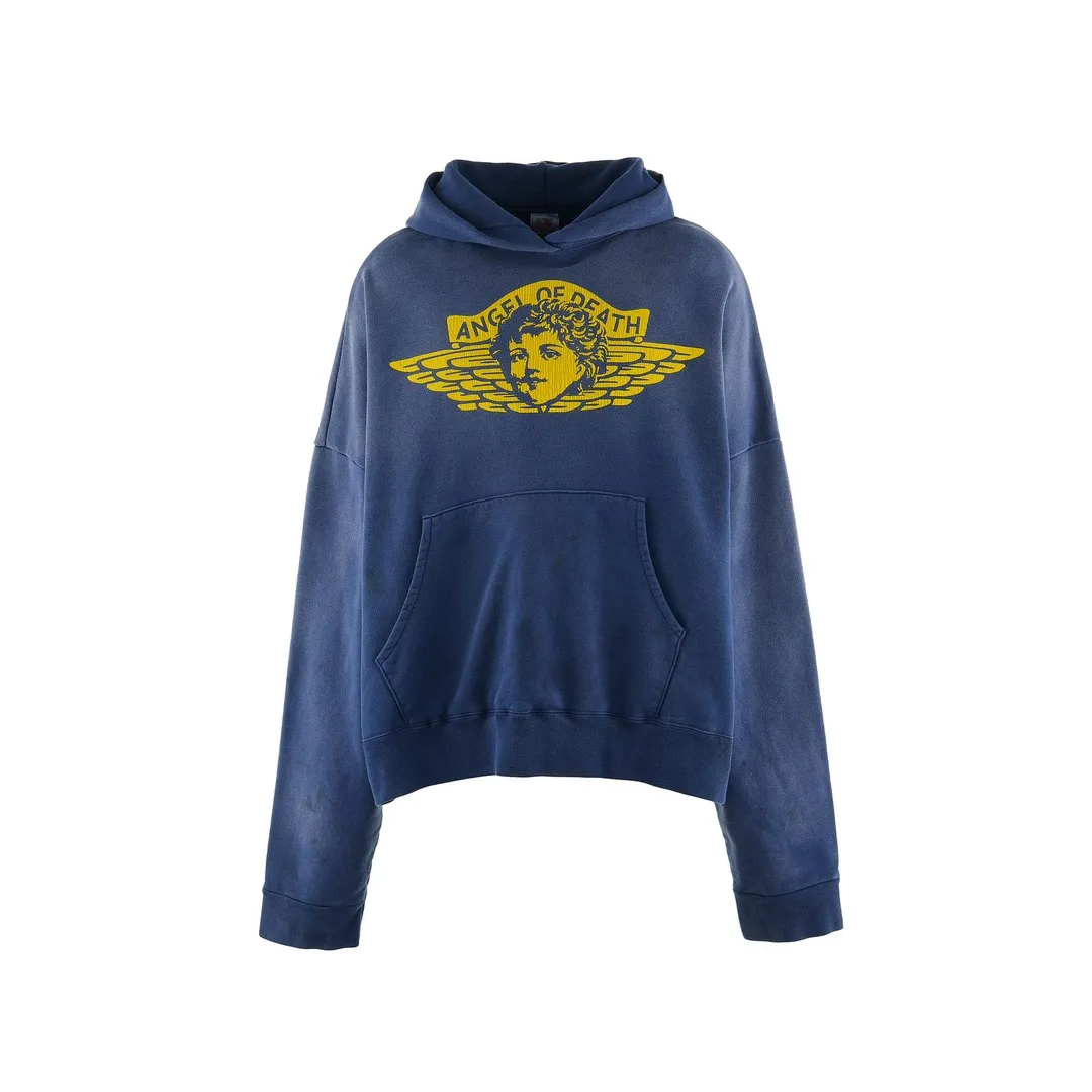 SAINT M×××××× ANGEL HOODIE/NAVY Angel Reborn Blue Hoodie Washed Blue S-XL Assute Garment Dyeing Full Clothes Water Fading Mud Dyeing Dirty Distress New Vintage Ceiling God Tailoring Original Super Loose Fit Customized Original Accessories God-level Print Restoration